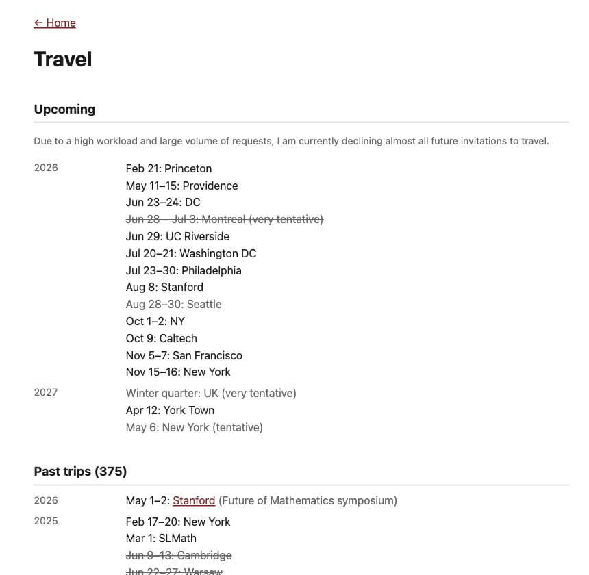陶哲轩的 Travel 页面：按年份排列未来行程与历史行程